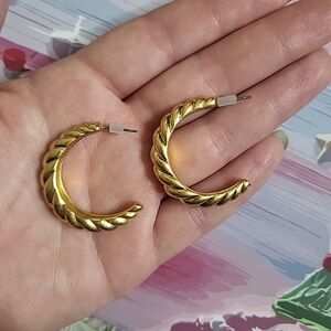 Gold Tone Croissant Earrings Semi Hoops Plaited Twist Look
